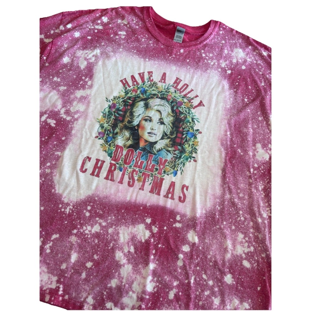 Dolly Parton Christmas Shirt Holly Dolly Pink Bleach Tie Dye Graphic Tee 4XL - Picture 2 of 6
